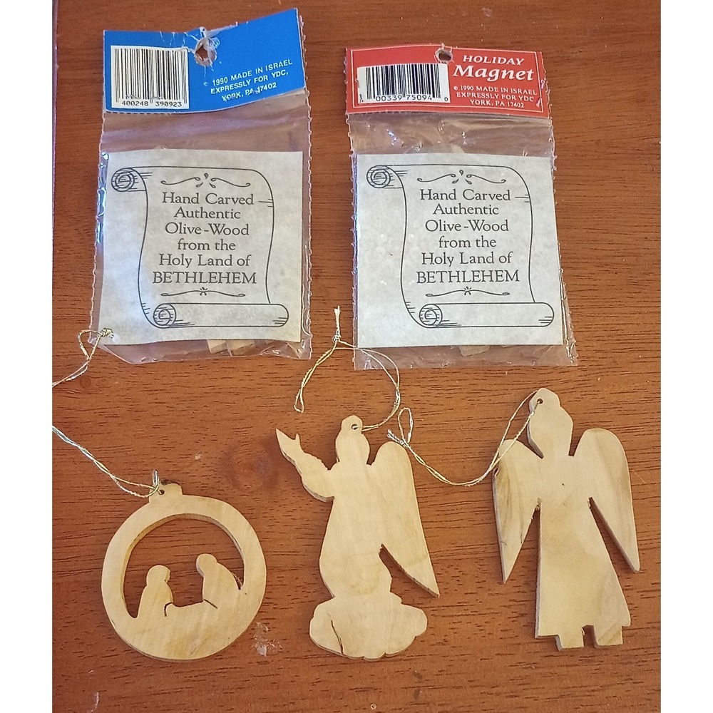 Vintage 1990 Bethlehem Olive Wood Ornaments Set Hand Carved Angel Nativity  5pc